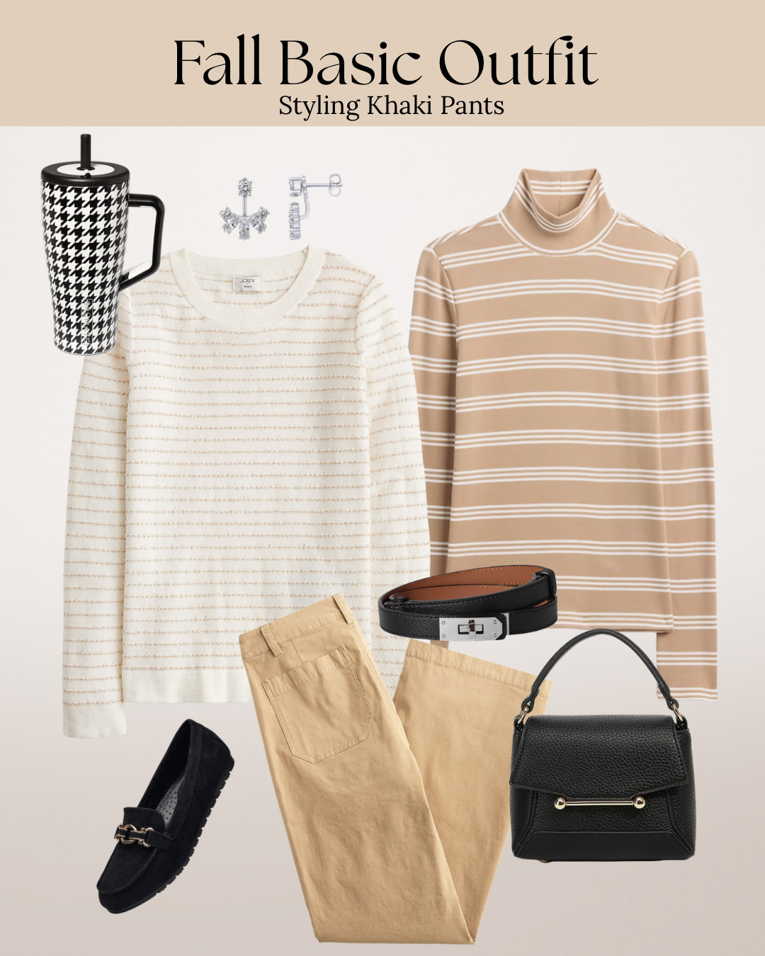 Khaki pant outfit ideas for Fall that still feel simple to wear. These pieces are soft, comfy, and easy to mix with what you already have. A striped turtleneck and loafers make this look clean and classic for everyday. 

 #LTKootd #LTKmomlife #LTKStyleTip
