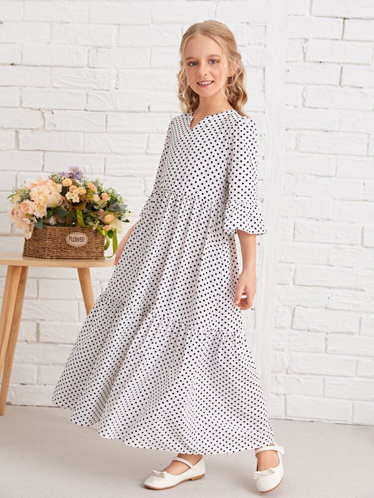 SHEIN Girls Polka Dot Print Flounce Sleeve Dress | SHEIN