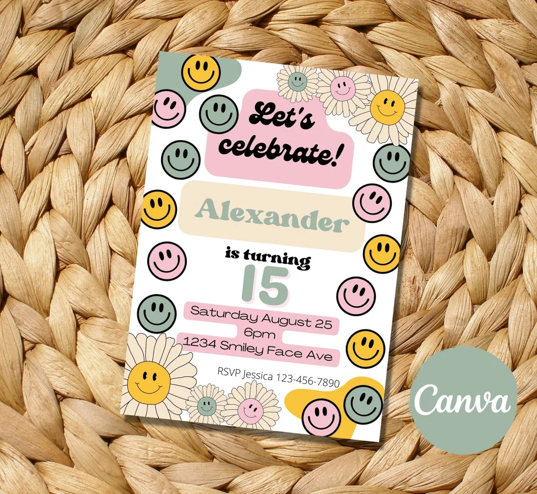 Pink Smiley Face Birthday Invite Template / Happy Face - Etsy | Etsy (US)
