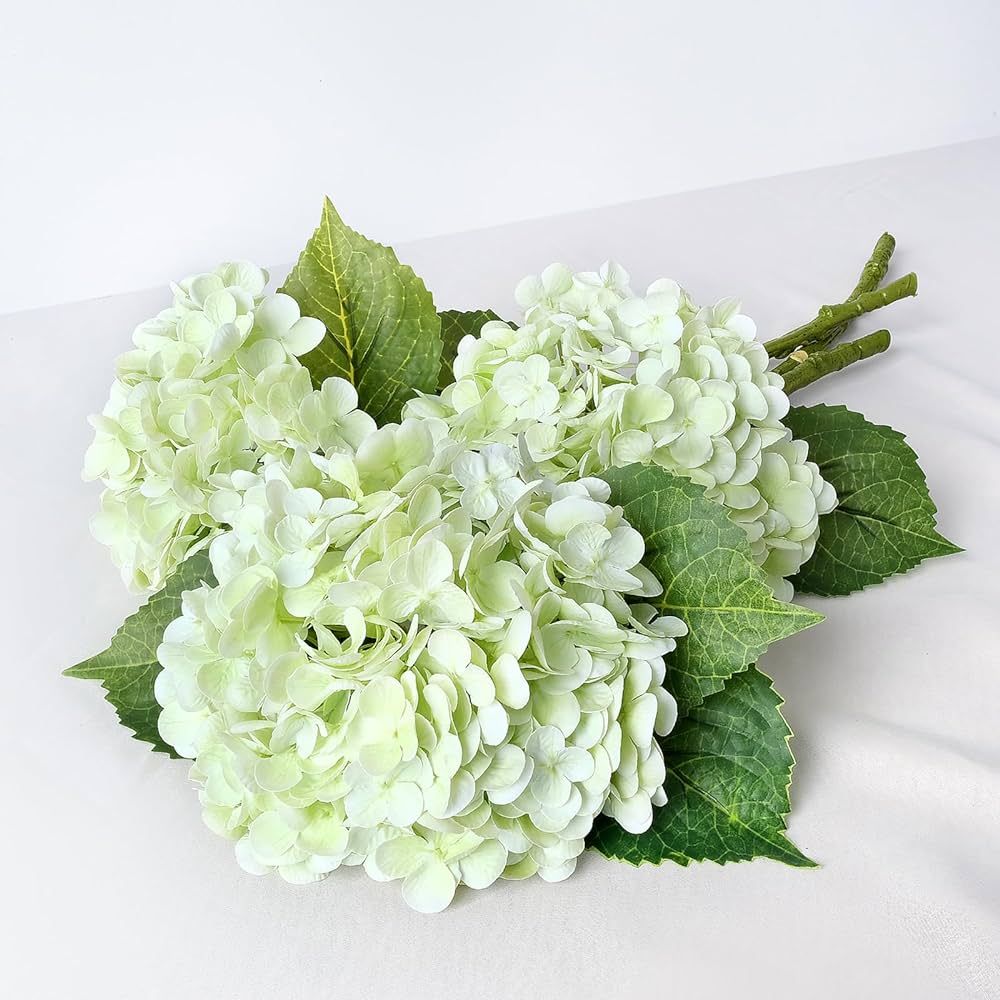 3 PCS Light Green Silk Artificial Hydrangea Flowers 21" Faux Large Real Touch Latex Floral Head w... | Amazon (US)