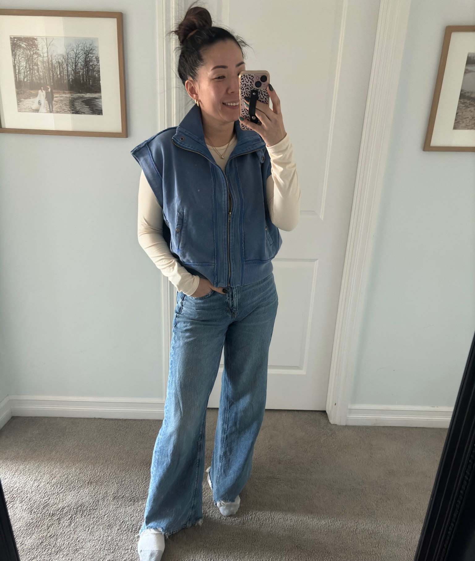 Free people vest 
Cropped Long sleeve shirt 
American eagle wideleg jeans
Hanes socks

#LTKSpringSale #LTKfindsunder100 #LTKover40