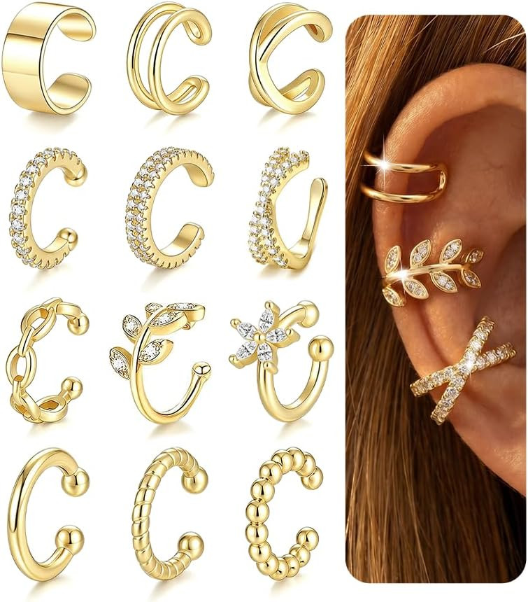 12Pcs 14K Gold Plated Ear Cuff for Women, Non-Piercing Clip On Cartilage | Amazon (US)