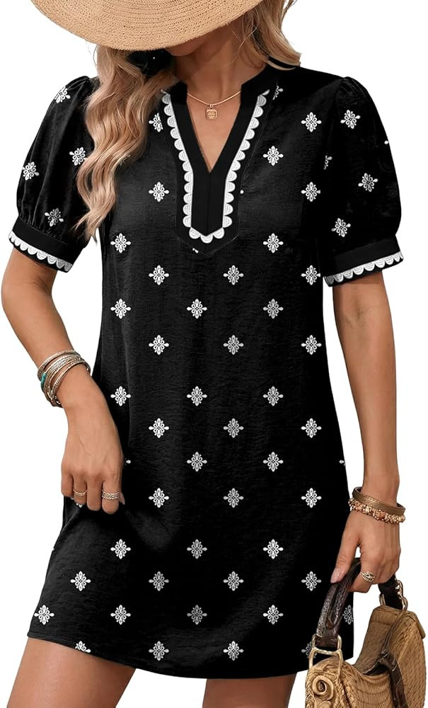 Dokotoo Summer Dresses for Women 2026 Boho Floral Puff Short Sleeve V Neck Trim Casual Mini Dress... | Amazon (US)