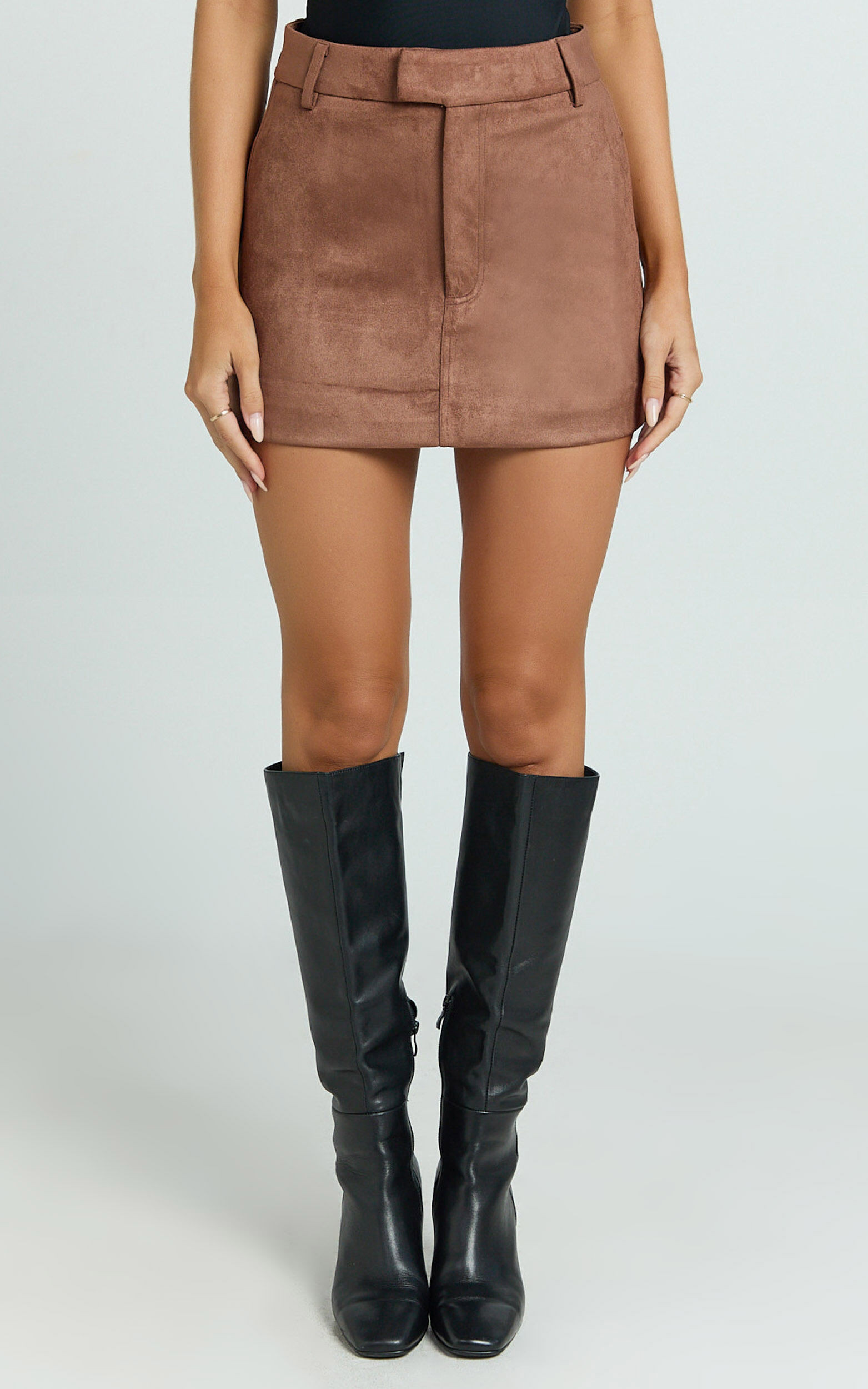 Priscilla Mini Skirt - Mid Waist Faux Suede Skirt in Brown Tan | Showpo (US, UK & Europe)