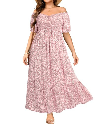 Plus Size Floral Dress Summer Spring Off The Shoulder Puff Sleeve A Line Boho Maxi Flow Long Sundress Women Pink Flower | Amazon (US)