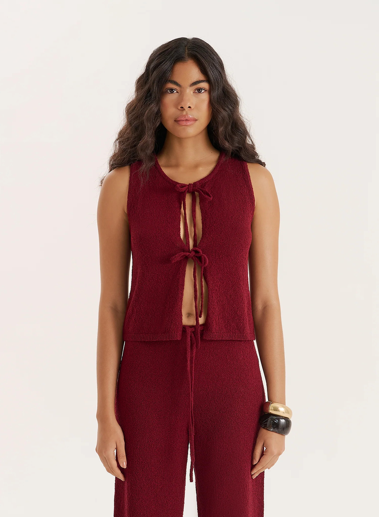 Burgundy Knitted Tie Front Sleeveless Top- Bria | 4th & Reckless