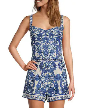 Antonio Melani Britani Blue Tile Print Sweetheart Neck Sleeveless Coordinating Blouse | Dillard's | Dillard's