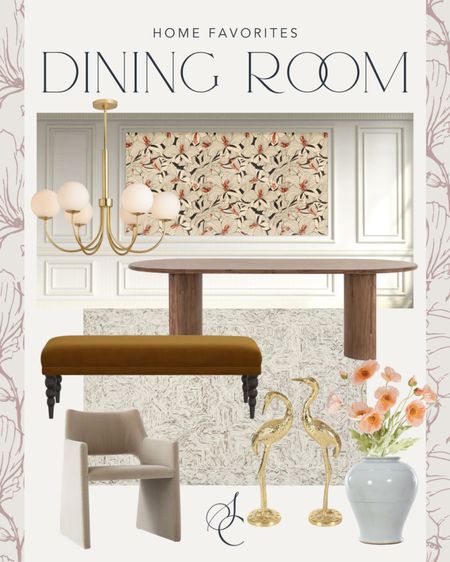 Formal dining room 

Gucci wallpaper, modern brass globe chandelier, oval wood dining table, velvet bench, dining chair, vase, faux floral, gold decor, rug

#LTKstyletip #LTKhome #LTKunder50