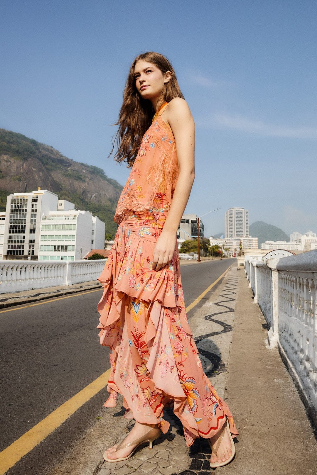 Mocha Boho Enhance Ruched Ruffled Maxi Skirt | FARM Rio | FarmRio (US)