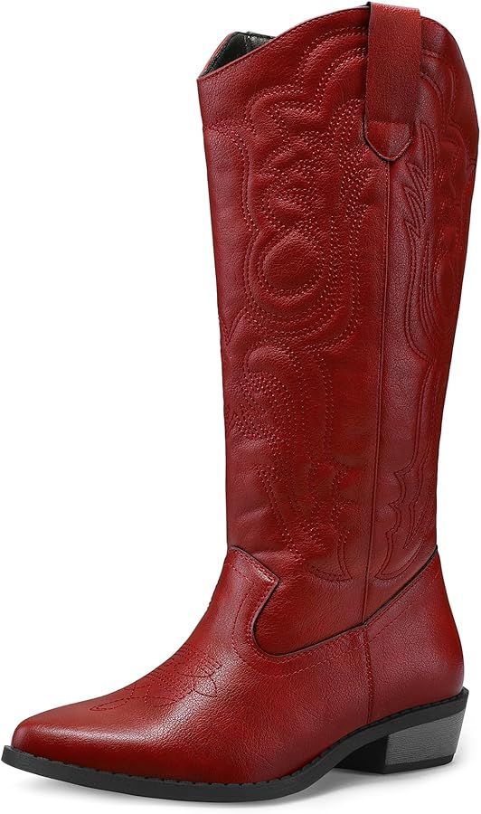 mysoft Women's Cowboy Boots Mid Calf Cowgirl Boots Embroidered Western Pointed Toe Chunky Heel Pu... | Amazon (US)