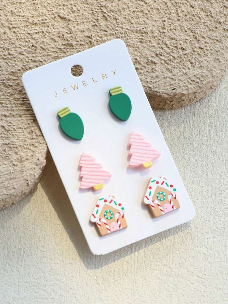 3 Pairs/Set Women's Christmas Colorful Lights, Pink Christmas Tree, Santa Claus House Print Acrylic Elegant Holiday Party Earrings | SHEIN
