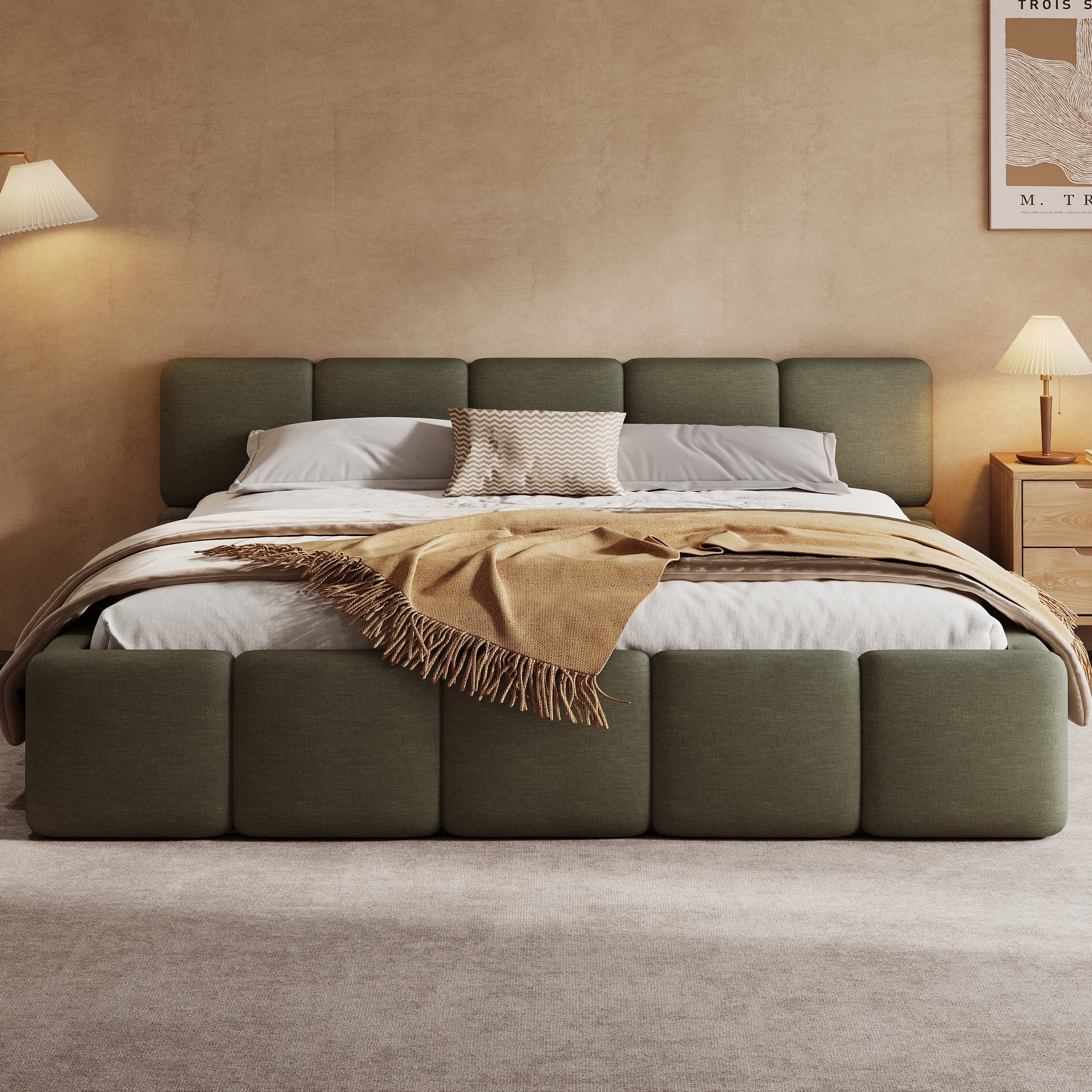 Christopher Knight Home 88.39" King Size Bed Frame, Thick Headboard Footboard, Linen Blend Upholstery, Green - Walmart.com | Walmart (US)