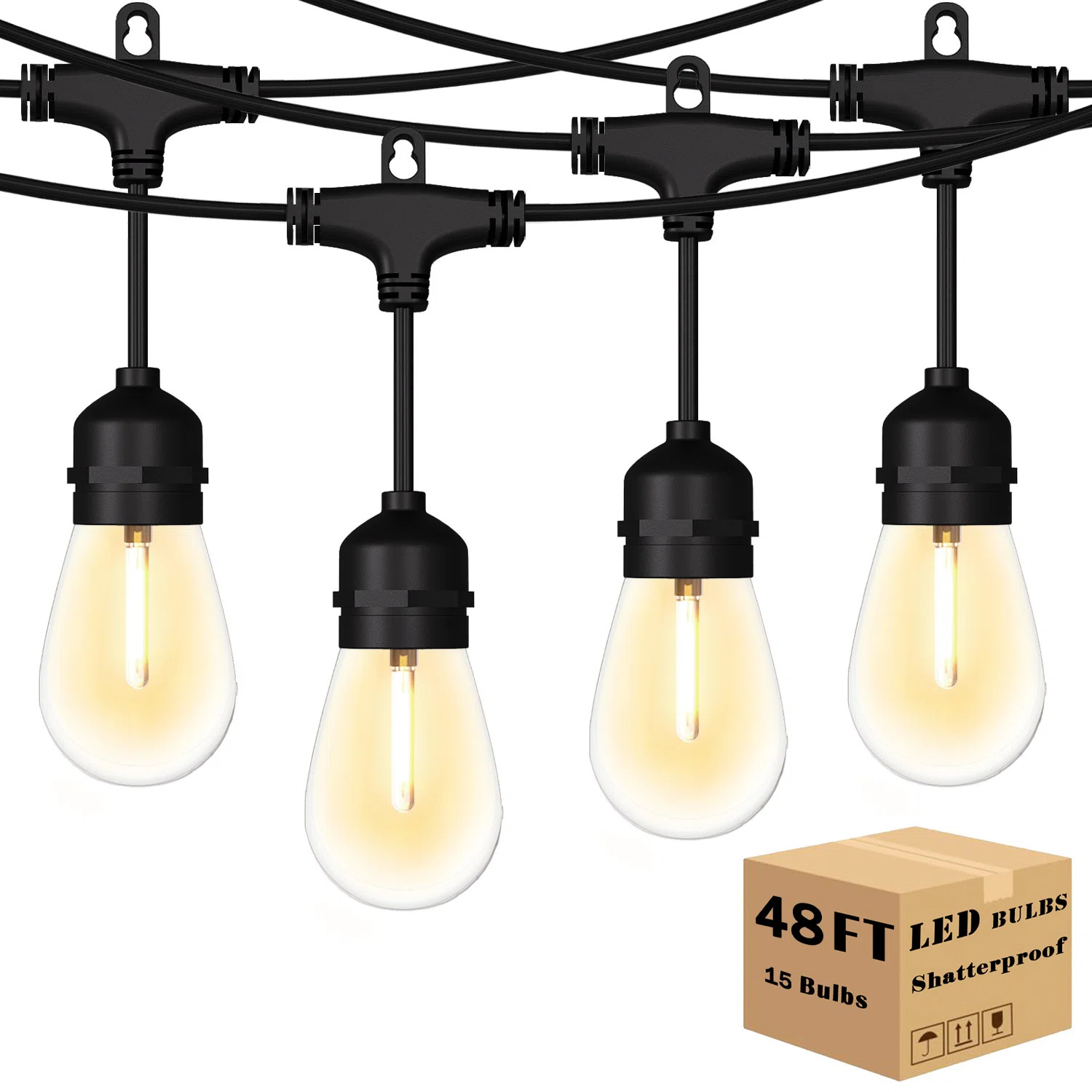 48FT LED Outdoor String Lights Patio Lights with 15 Shatterproof S14 Bulbs,Connectable Dimmable W... | Wayfair North America