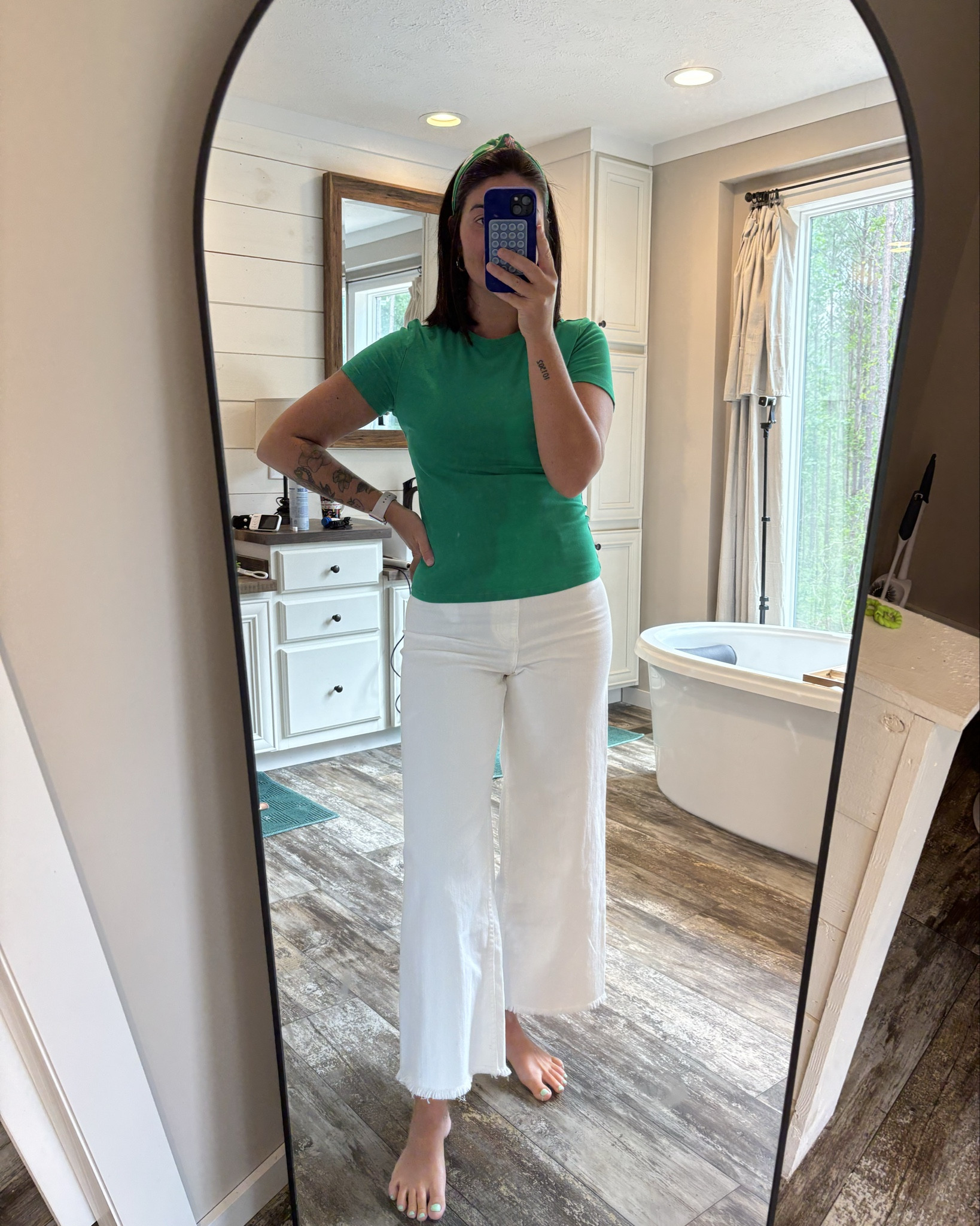 Another easy outfit! White jeans pair so perfectly with green! Throw on a headband for an added pop of fun  

#LTKSeasonal #LTKSummerSales #LTKStyleTip