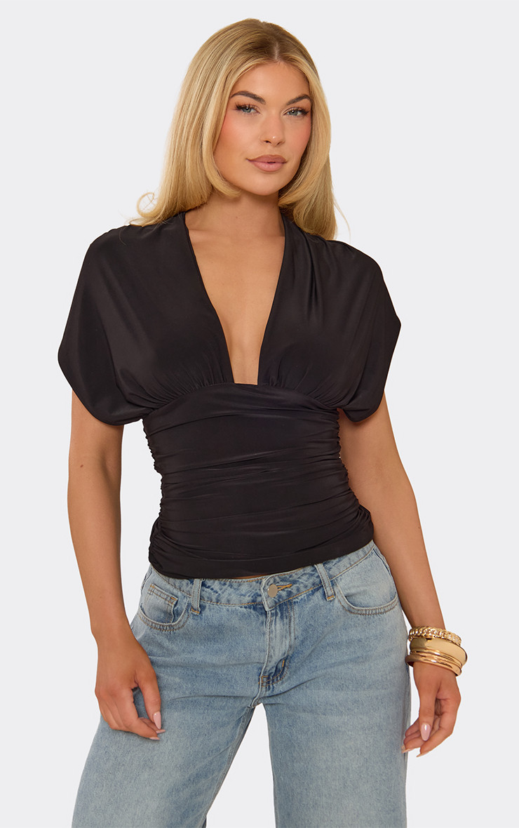Short Sleeve Plunge Front Tie Back Detail Top In Black Slinky | EGO (UK)