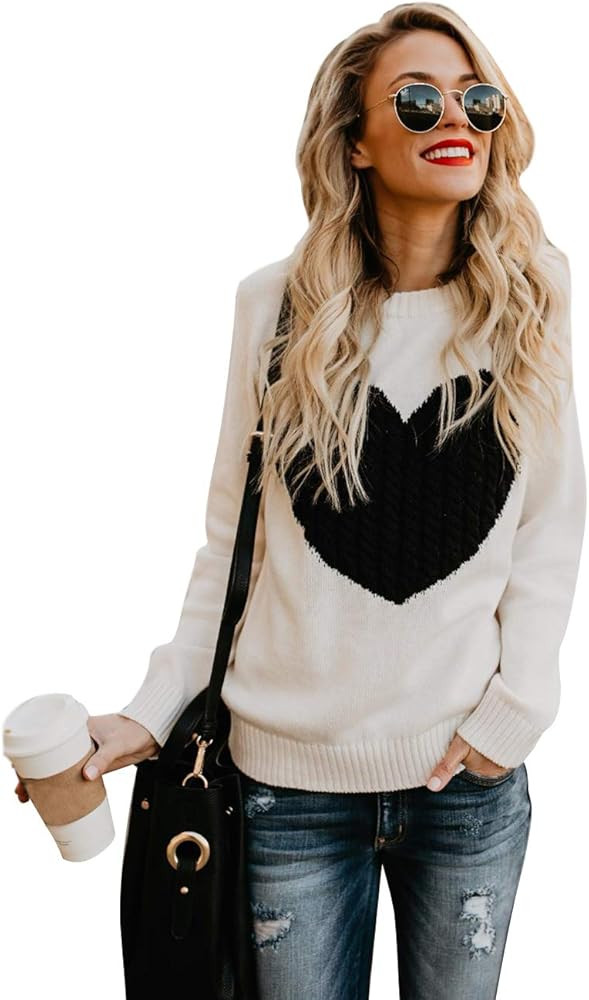 Alsol Lamesa Women Sweaters Heart Front Crew Neck Long Sleeve Knitted Pullover Sweater | Amazon (US)