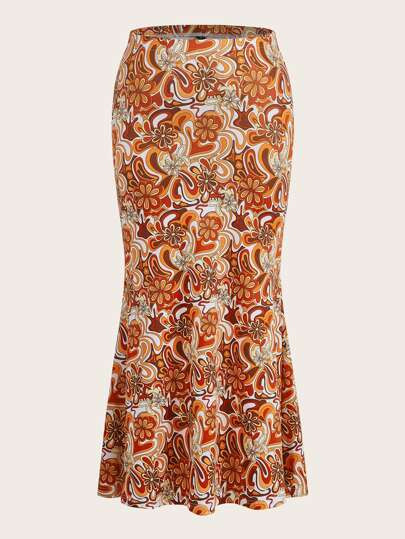 SHEIN VCAY Plus Floral Print Satin Skirt | SHEIN