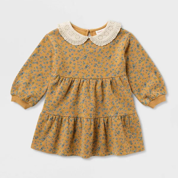 Baby Girls' Long Sleeve Floral Fleece A-Line Dress - Cat & Jack™ Yellow 18M | Target