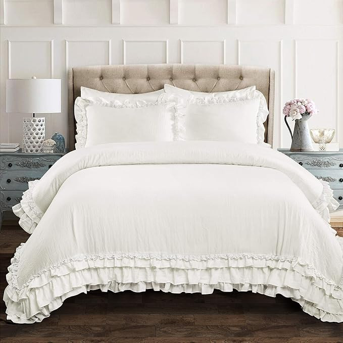 Lush Decor Ella Ruffle Lace Comforter, 3 Piece Set, Full/Queen, White - Cute Comforter - Queen Be... | Amazon (US)