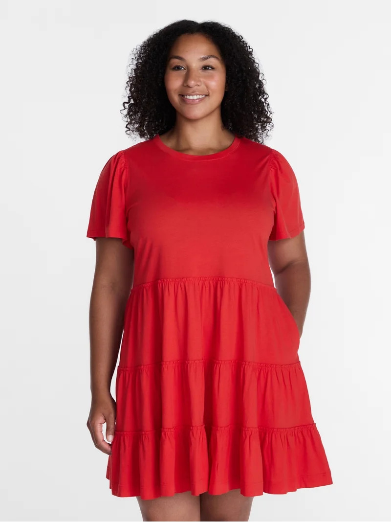 Time and Tru Women's and Women\u2019s Plus Cotton Swing Dress with Short Sleeves, Sizes XS-4X | Walmart (US)