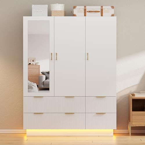 PAKASEPT Armoire Wardrobe Closet with 3 Door, Bedroom Armoires with Mirror and LED Lights, Hanging Rod, Drawers, Large Capacity Storage Wardrobe Armoire for Bedroom | Amazon (US)