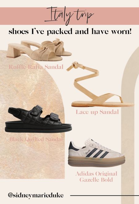 Shoes I packed and have worn for my Italy trip! 

Comfy sandals 
Flat slides
Adidas sneakers 
Summer and spring shoes 
Flats 
Travel sandals 

#LTKshoecrush #LTKtravel #LTKeurope