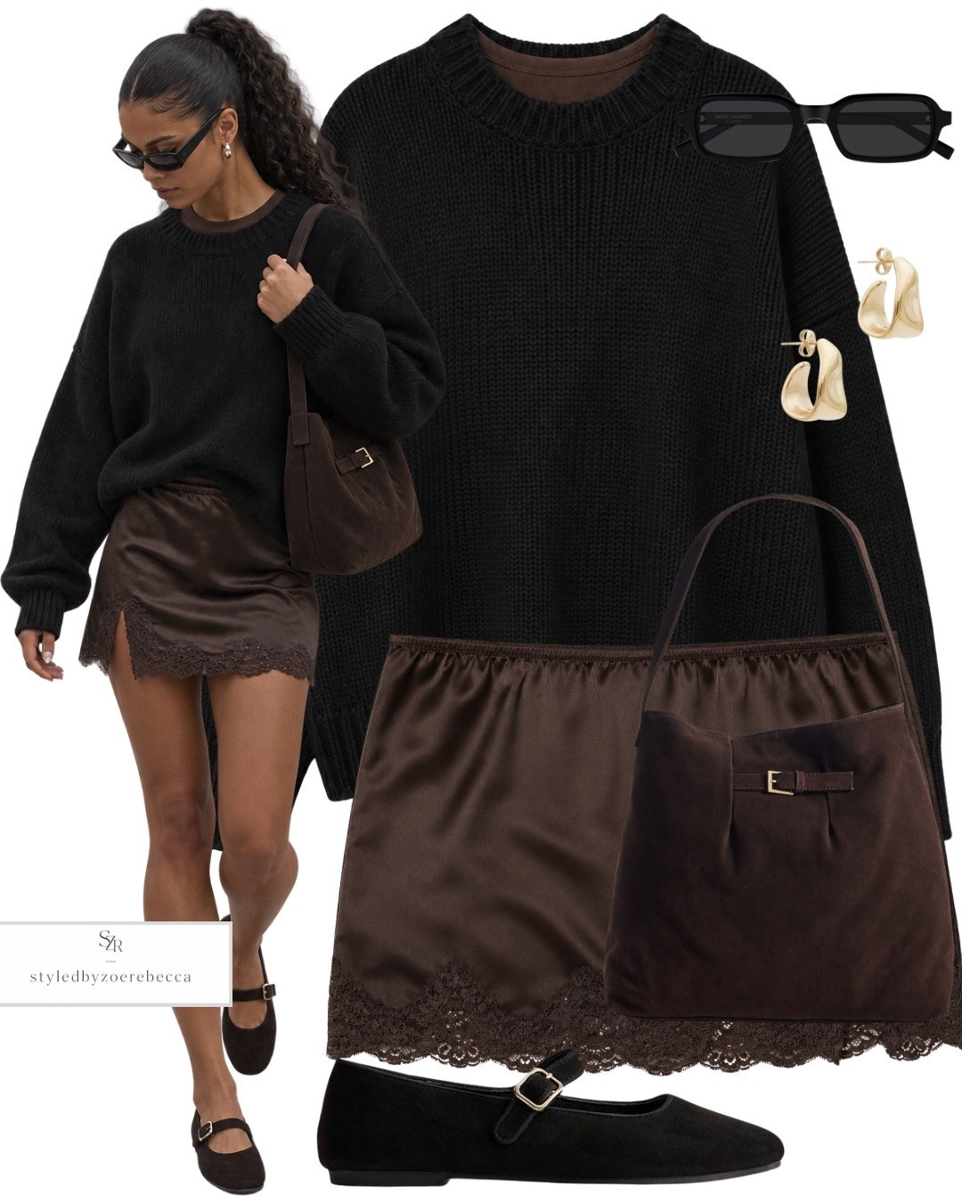 Chocolate brown and black autumn outfit 🤎 Styling a chunky black knit with a brown satin lace mini skirt, ballet flats and matching brown accessories for an easy feminine autumn look. Simple, wearable and perfect for transitional dressing🍂

#autumnoutfits #falloutfits

#LTKuk #LTKautumn #LTKstyletip