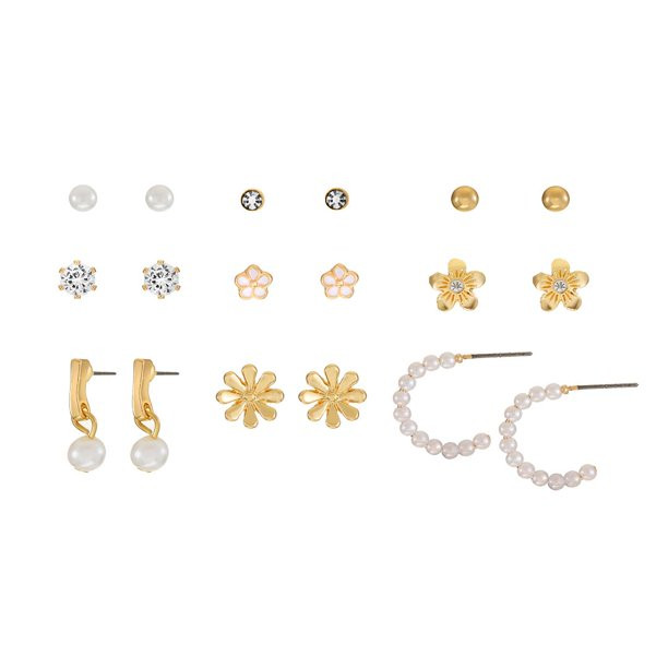 Time and Tru Womens Gold Mini Stud and Hoop Earring Collection, Flower Motif, 9 Pairs - Walmart.c... | Walmart (US)