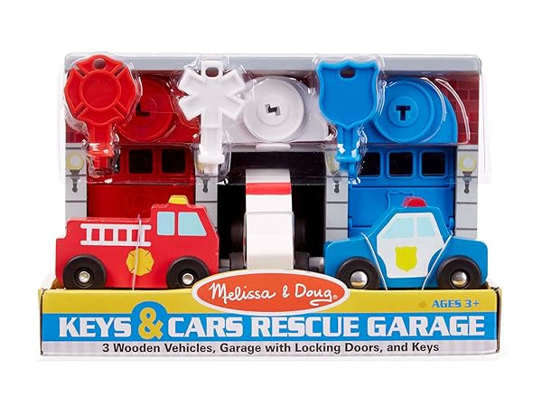 Melissa & Doug Toy Keys and Cars Wooden Rescue Vehicles and Garage (7 pcs) Red | Amazon (US)