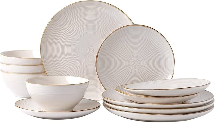 famiware Plates and Bowls Sets for 4, 12 Pieces Stoneware Dinnerware Sets, Dishes Set, Reactive G... | Amazon (US)