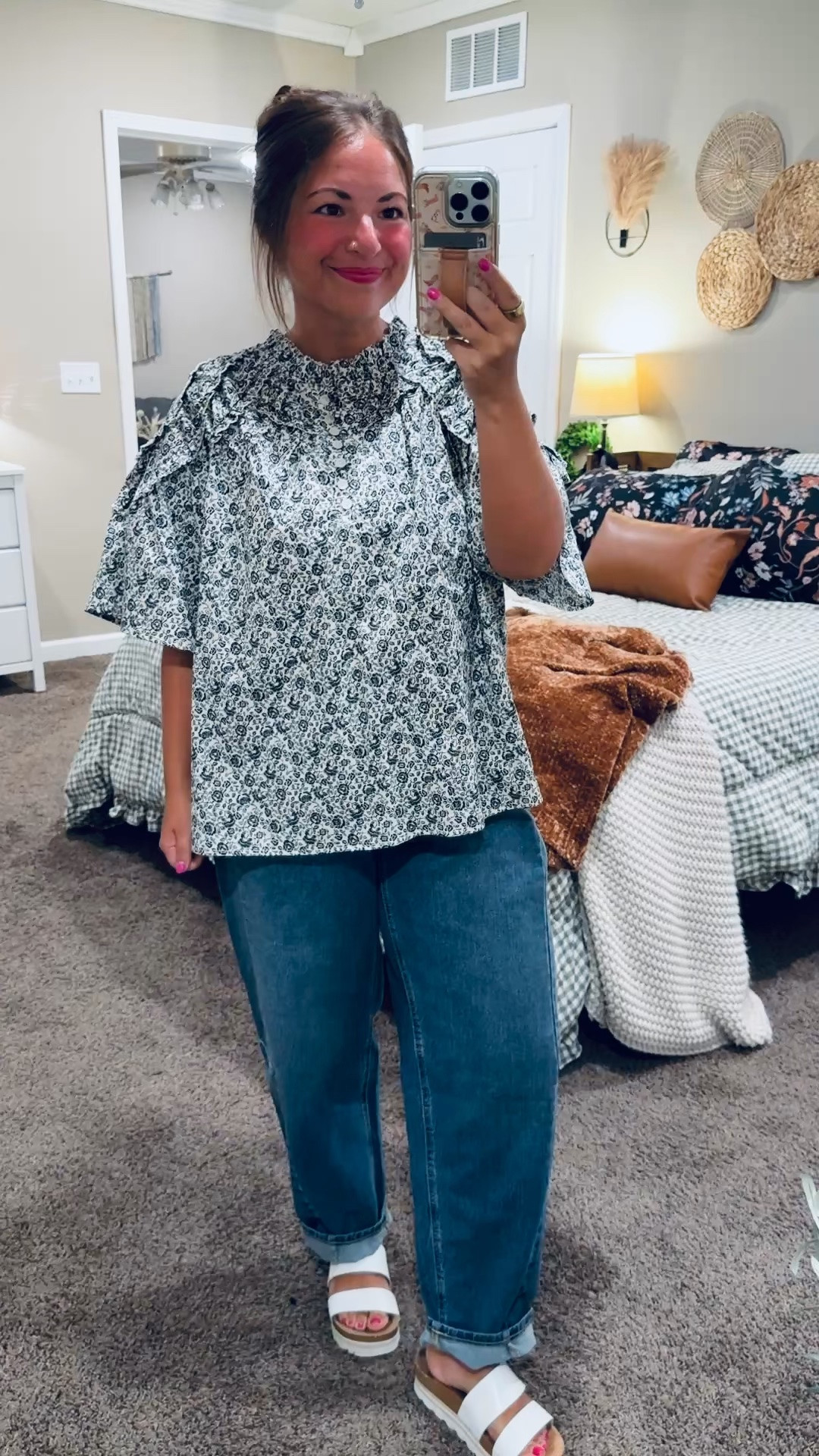This floral top from Walmart’s new Scenario line is such a cute find! 🖤 The ruffle details and flowy fit make it perfect for a comfy, classroom-ready outfit with jeans or pants! ✨


sandals: fit true to size // wearing a 5
jeans: fit oversized // wearing a 12
blouse: fits oversized // wearing a large 

 #LTKootd #LTKMidsize #LTKWorkwear
