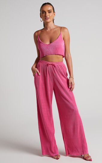 Elowen Two Piece Set - Plisse Crop Top and Relaxed Wide Leg Pants Set in Pink | Showpo (US, UK & Europe)