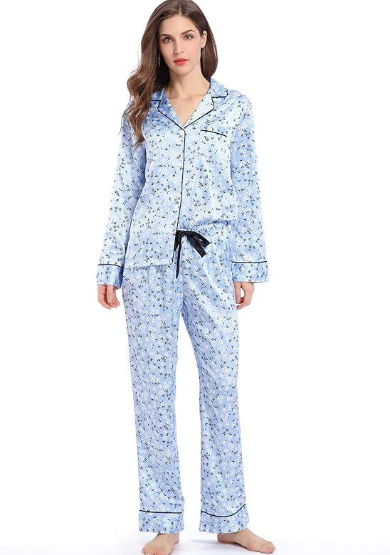 Women's Silky Satin Pajamas, Button Up Long Sleeve PJ Set Sleepwear Loungewear | Amazon (US)