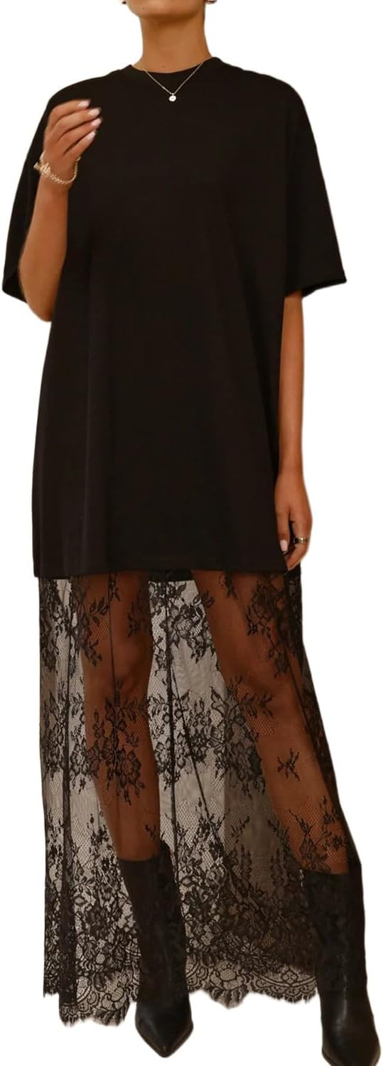 Pinclodly Womens Short Sleeve Lace Maxi Dress Summer Patchwork Tshirt Dress | Amazon (US)