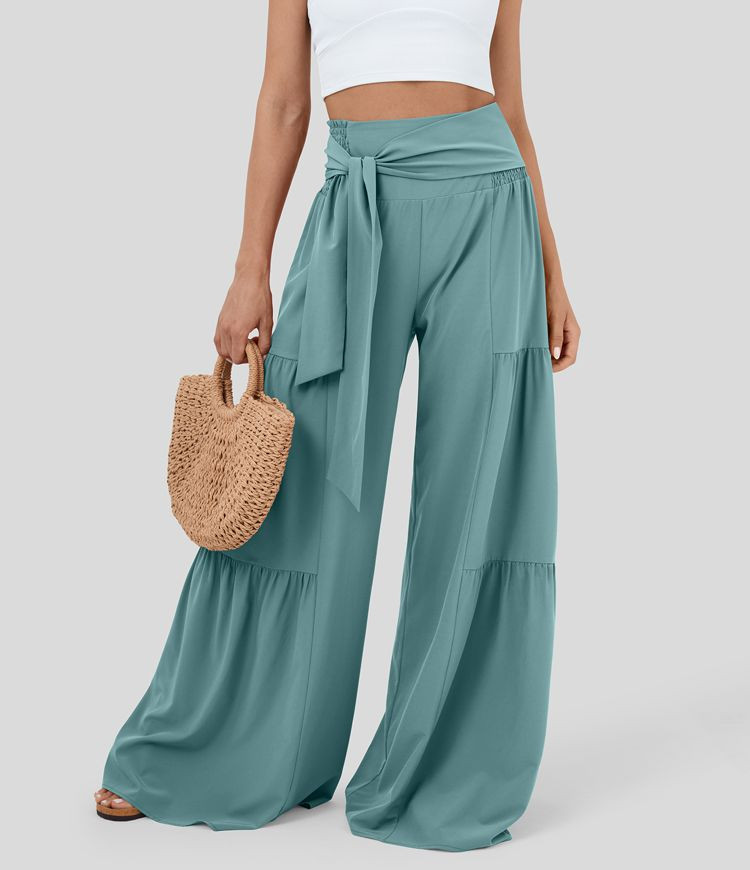 Breezeful™ High Waisted Shirred Tie Front & Back Plicated Wide Leg Flowy Quick Dry Casual Pants | HALARA