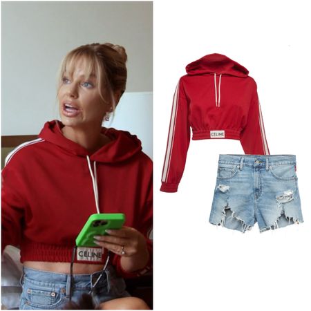 Caroline Stanbury’s Red Cropped Celine Hoodie and Denim Shorts