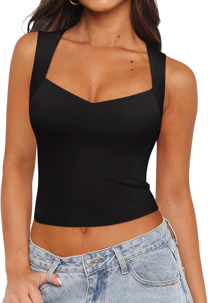 REORIA Women's Sexy V Neck Sleeveless Tank Tops Double Lined Basic Tees T Shirt Slim Fit Crop Top | Amazon (US)