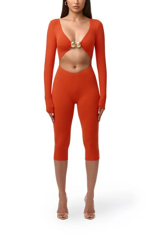 Naked Wardrobe V-Cutout Capri Jumpsuit in Tangerine at Nordstrom, Size X-Small | Nordstrom