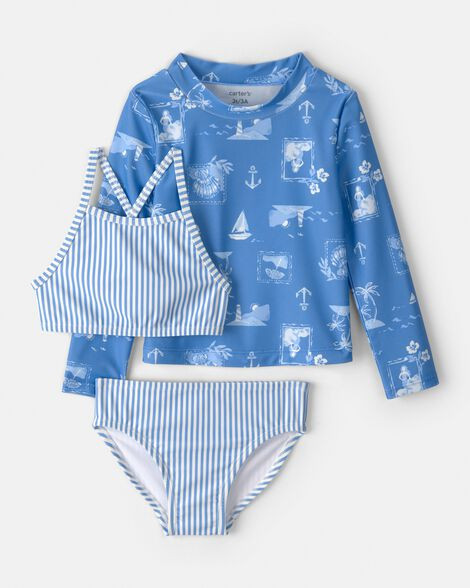 Toddler Girl 3-Piece Sailboat Long-Sleeve Rashguard Swimsuit Set - Blue | Carter's Inc