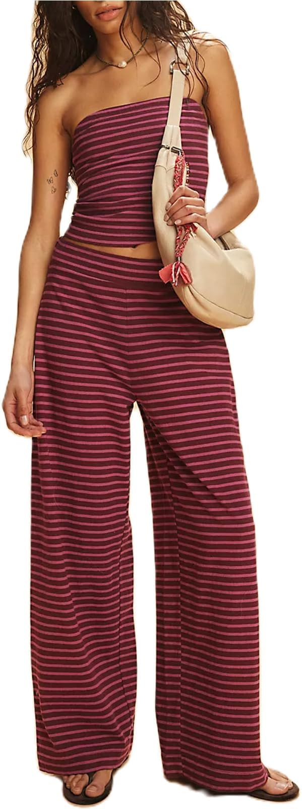 Women Striped Pants Sets 2 Piece Outfits Strapless Tube Tops and Elastic Waist Wide Leg Pants Lou... | Amazon (US)