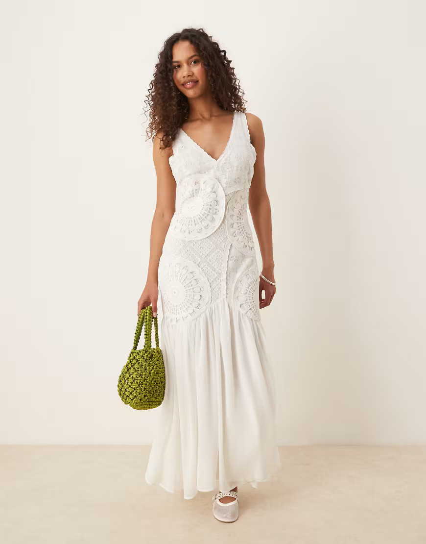 ASOS DESIGN v neck crochet lace maxi dress in white | ASOS (Global)
