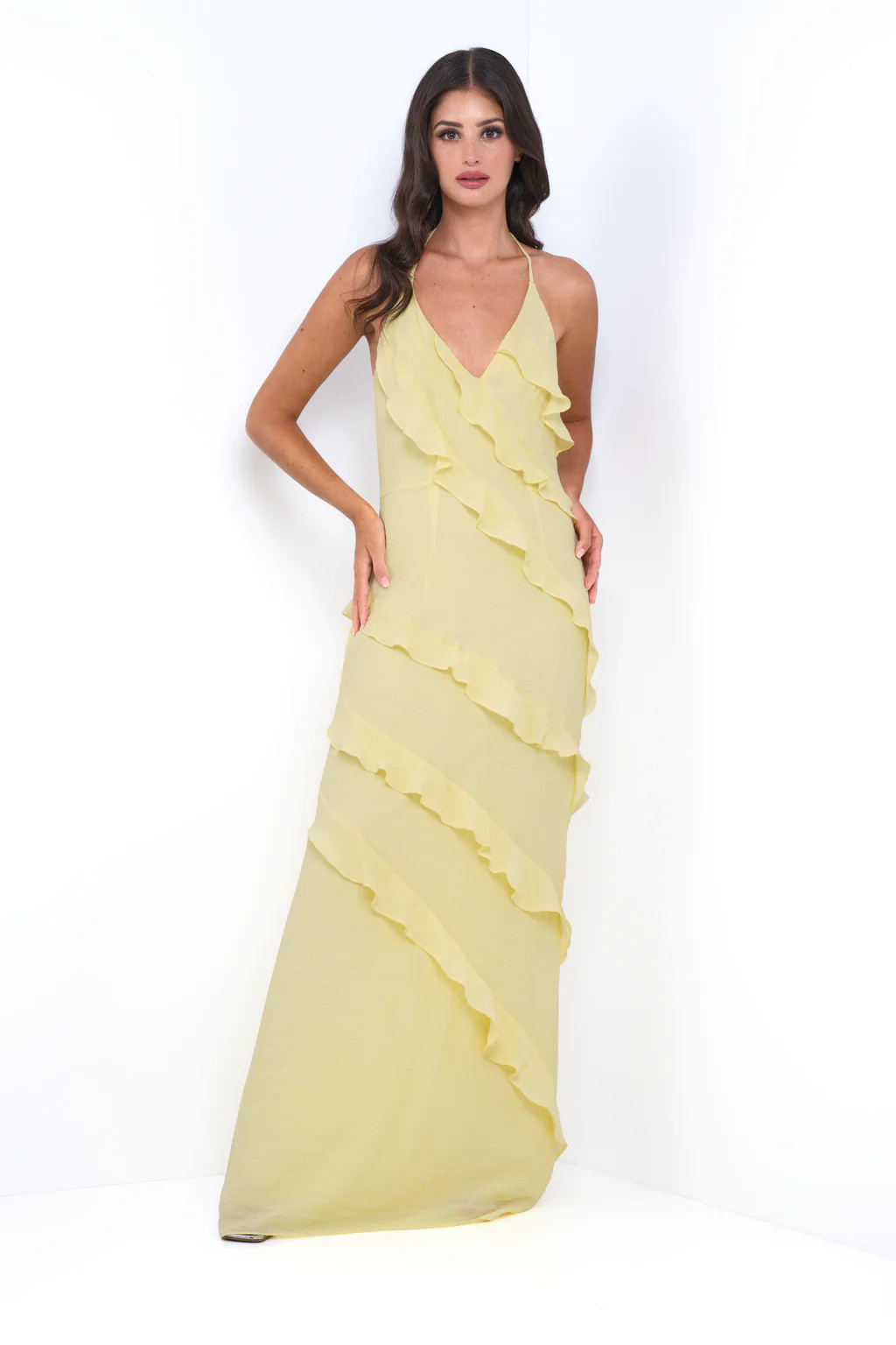 Remi Yellow Maxi Dress - Halter Neck, Open Back & Ruffle Detail | Lady Black Tie