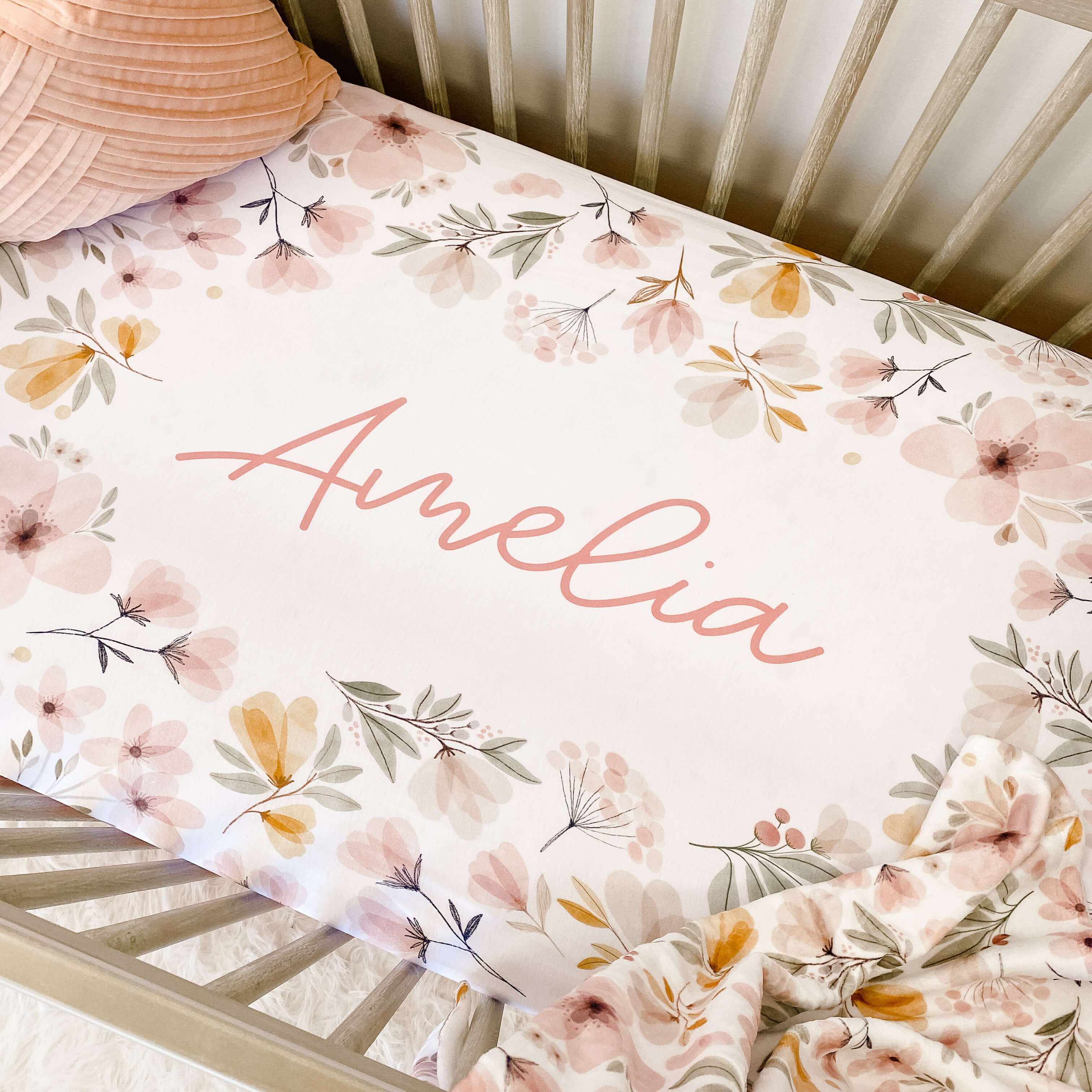 Maeve's Mauve & Mustard Floral Personalized Crib Sheet | Caden Lane