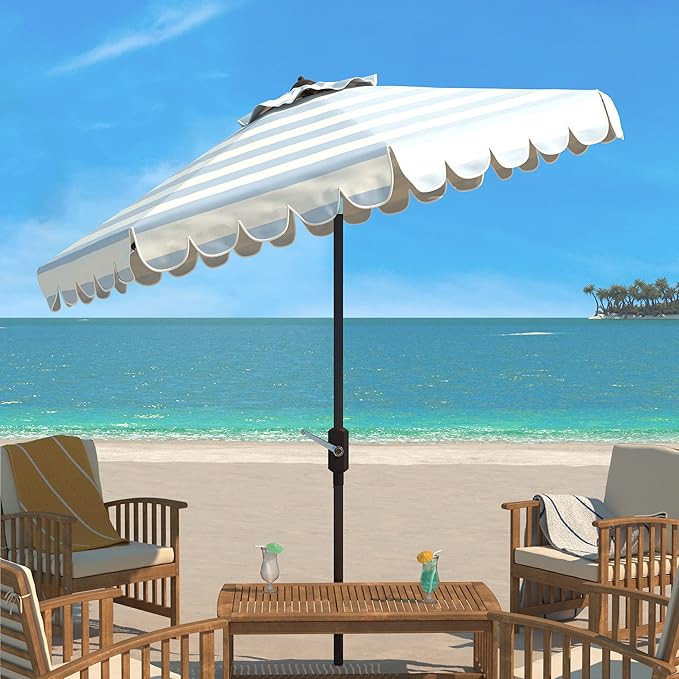 SAFAVIEH 9ft Outdoor Patio Umbrella, Round, Maui Collection, Baby Blue & White Stripe, Crank, But... | Amazon (US)