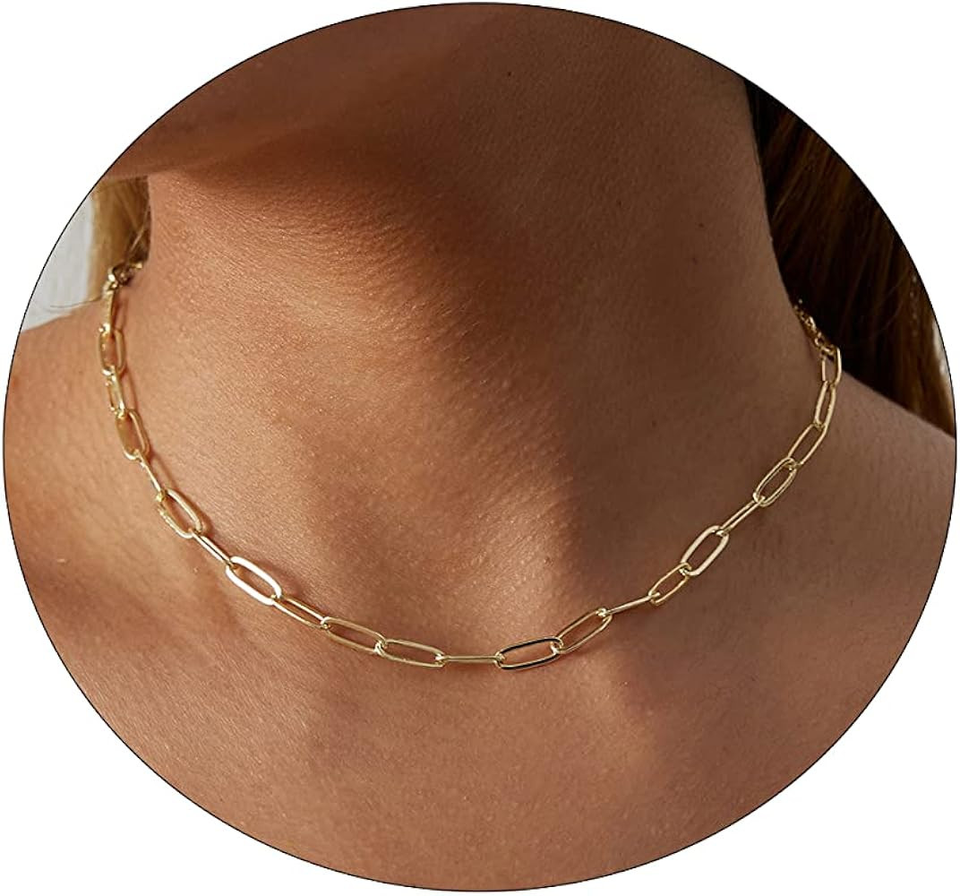 CAROVO Dainty Gold Chain Choker Necklace for Women 18K Gold Plated Minimalist Figaro Beaded Lace ... | Amazon (US)