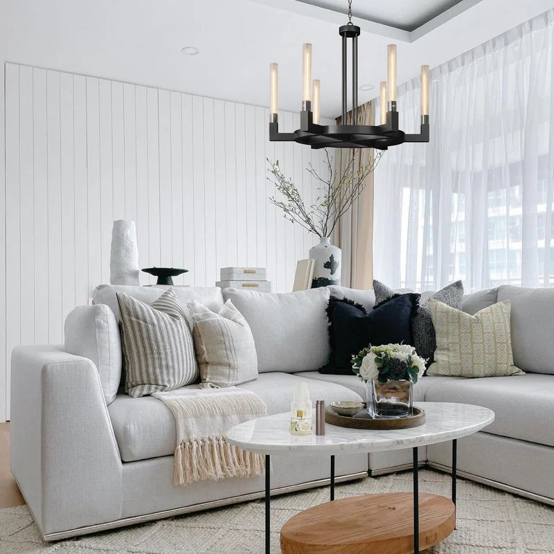 6-Lights wagon wheel chandelier lighting Black farmhouse hanging lighting glass industrial pendant lamp - N/A | Bed Bath & Beyond