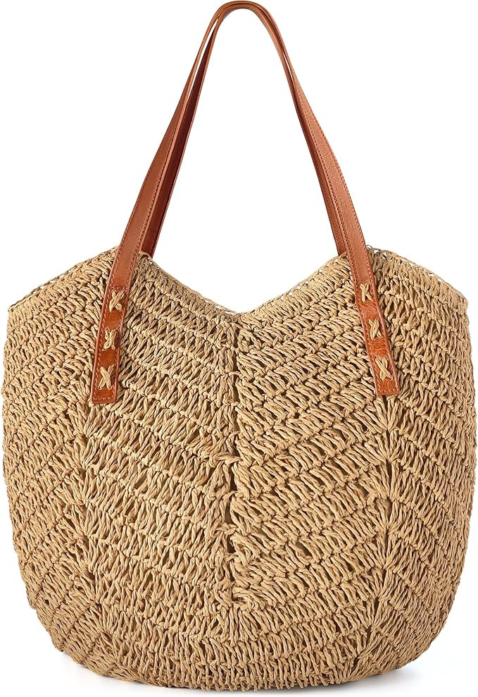 Beach Bags for Women - Straw Bag with Zipper, Soft Woven beach bag, Casual Straw Shoulder Bag for... | Amazon (US)