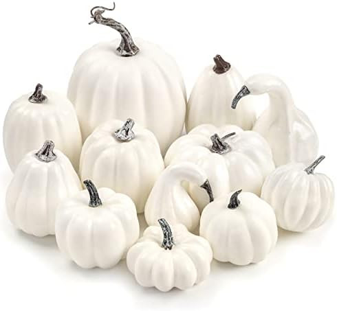 LOVEINUSA Artificial Assorted Pumpkins, 12PCS White Fake Pumpkins Fake Paintable Pumpkins Bulk Fa... | Amazon (US)