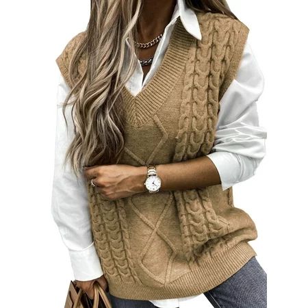 Chase Secret Women s Pullover Sweater Vest Oversized Loose Cable Knit V Neck Sweaters Fall Winter Outfits Plus Size | Walmart (US)