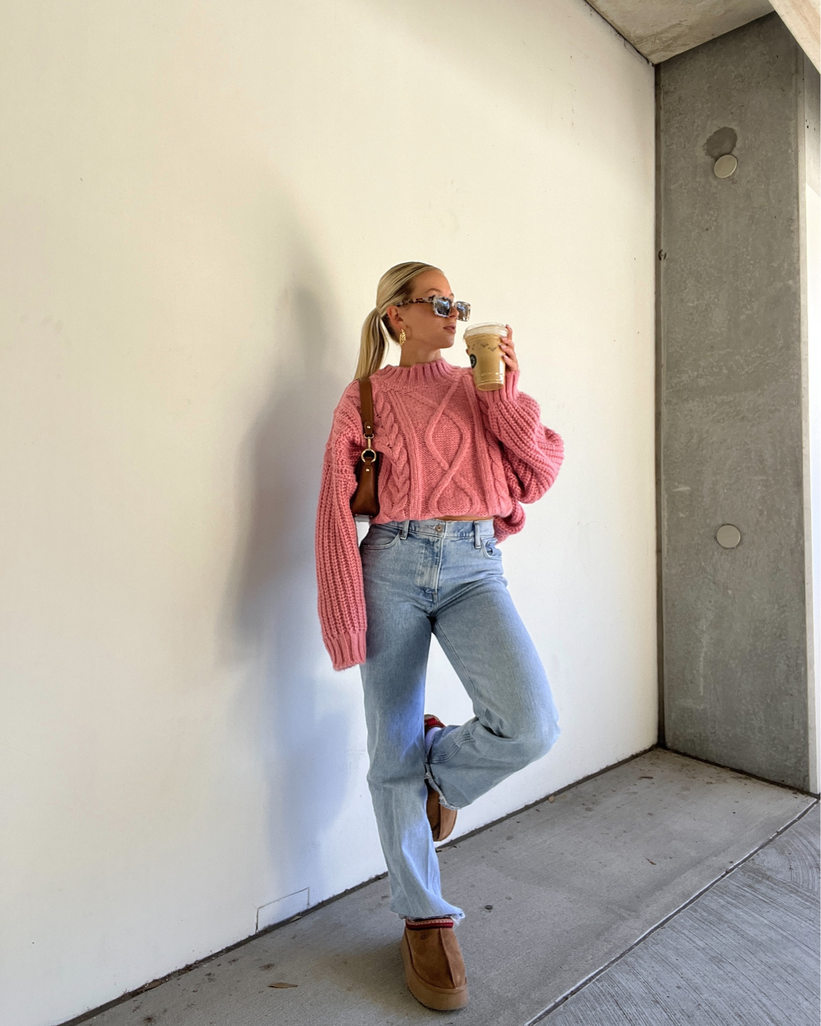 Pink sweater, oversized sweater, cable knit sweater, Abercrombie jeans, 90s jeans, relaxed jeans, baggy jeans, Abercrombie style, platform uggs, ugg tazz, everyday style, everyday outfits, valentines day outfit, vday outfit ideas